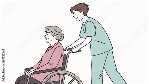Elderly Woman in Wheelchair Assisted by Caregiver Smiling and Content.