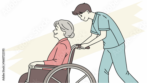 Elderly Woman in Wheelchair Assisted by Caregiver.