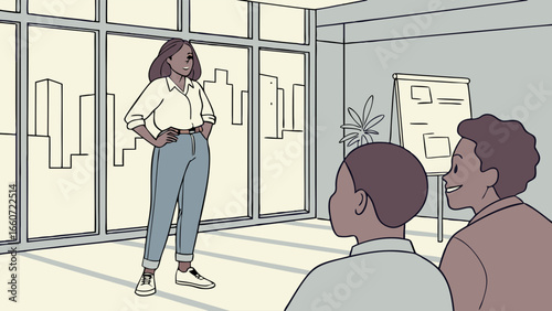 Businesswoman Leading a Meeting in a Modern Office Space with Attendees.