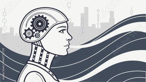Futuristic Robot Woman Profile with Gears in Head.