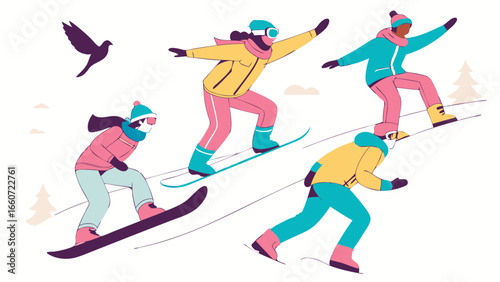 Group of Snowboarders on a Snowy Slope in Winter Outfits.