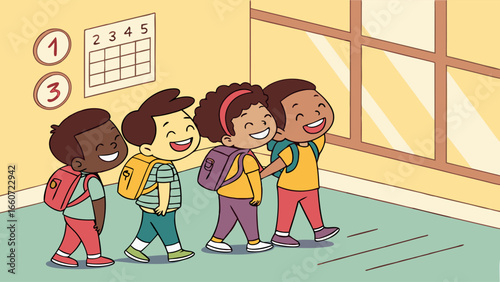 Cheerful Cartoon Children Walking Together to School.