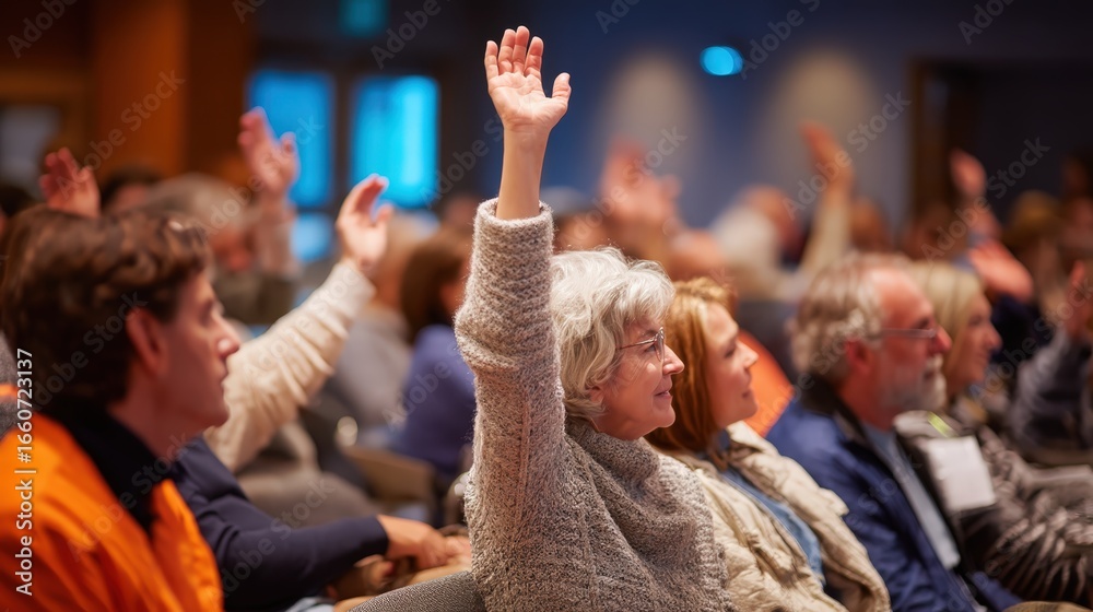 Fototapeta premium A senior woman raises her hand to ask a question or vote during a town hall meeting or conference. Represents civic engagement, democracy, and community participation
