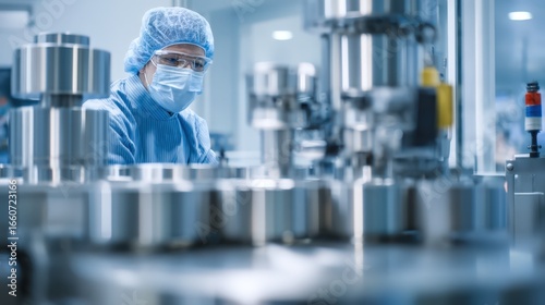 A scientist in a sterile suit, mask, and goggles oversees a pharmaceutical production line, working with modern machinery in a cleanroom for drug manufacturing