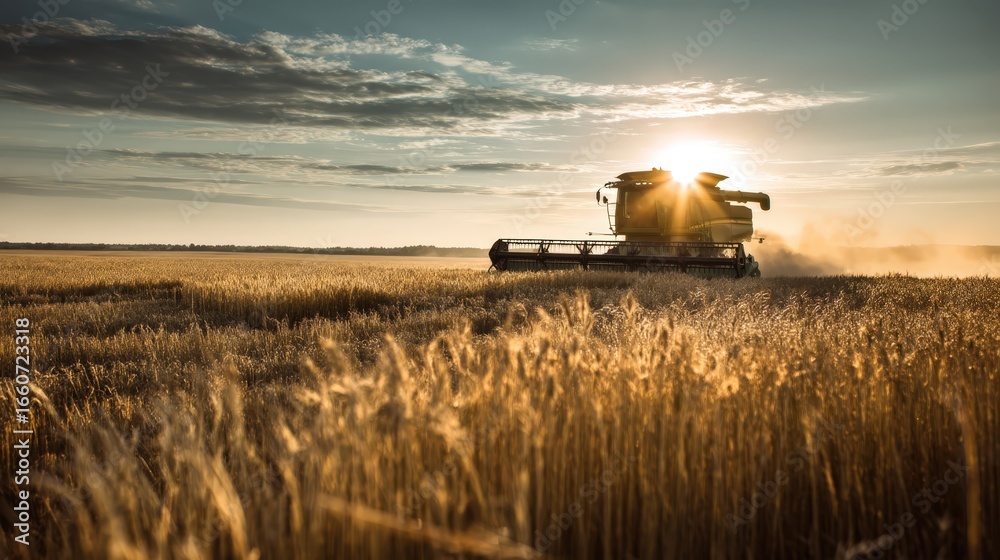 Fototapeta premium A modern combine harvester works in a golden wheat field at sunset. This image captures the beauty of agriculture, the process of harvesting, and modern farming technology