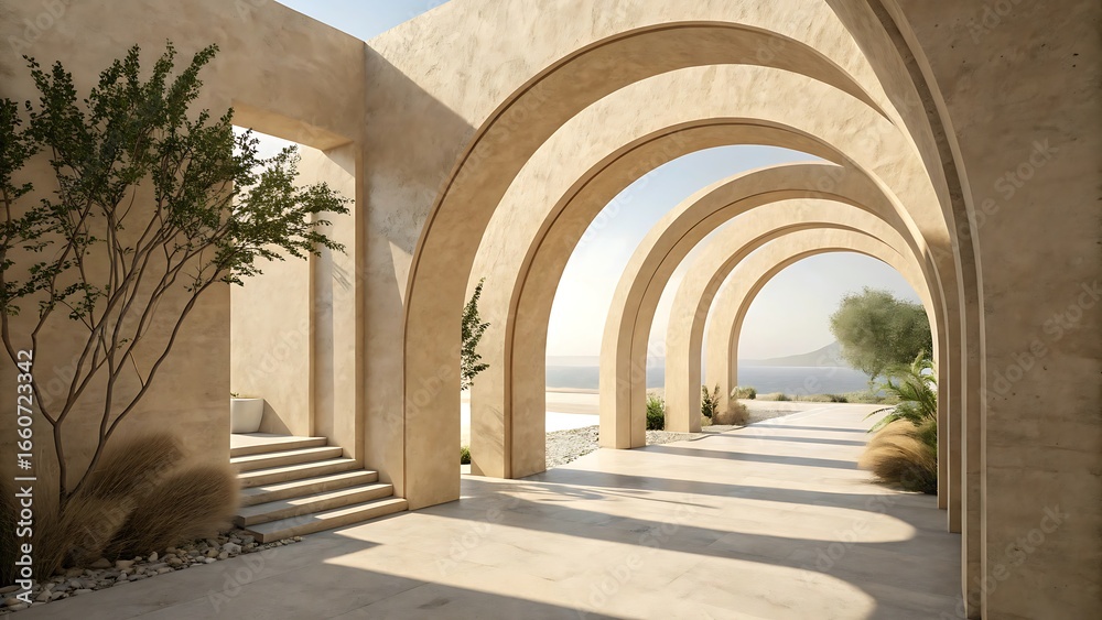 Fototapeta premium Arches create a stunning architectural design with a seascape view