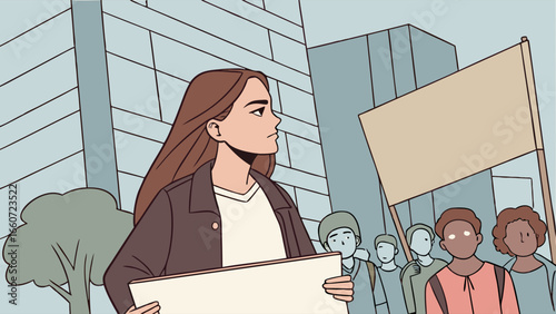 Determined Woman Leading Protest with Sign and Supporters.