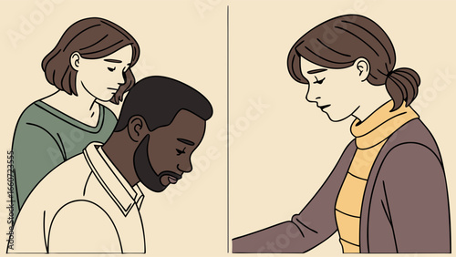 Illustration of Three People with Downcast Eyes Showing Sadness and Concern.