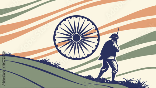 Indian Soldier Silhouette on a Hillside with Ashoka Chakra.