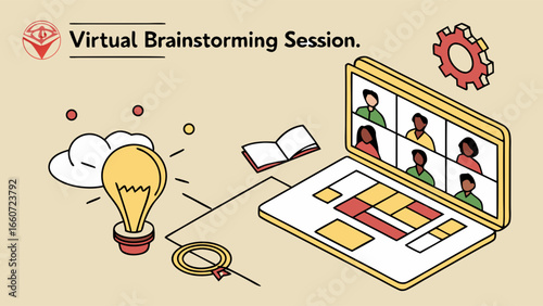 Isometric Illustration of Virtual Brainstorming Session on Laptop.