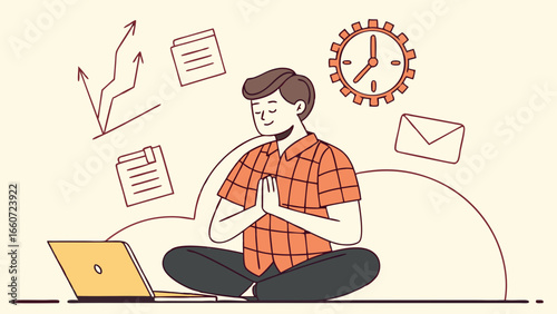 Man Meditating in Lotus Position with Laptop Work Icons Around Him.
