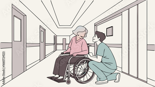 Nurse Assisting Patient in Wheelchair in Hospital Corridor.