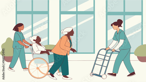 Nurses Assisting Elderly Patients in Hospital Corridor.