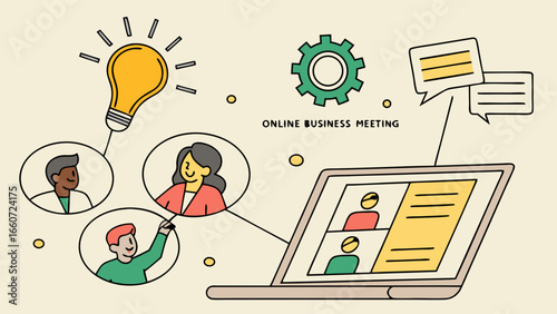 Online Business Meeting Illustration with Diverse Participants.