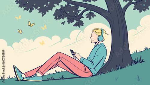 Person Relaxing Under Tree Listening to Music.