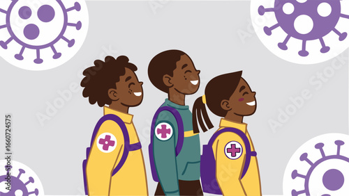 Smiling Children with Backpacks and Medical Symbols.