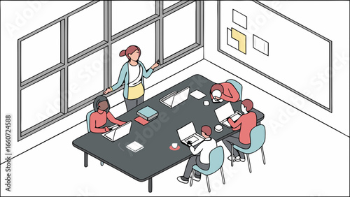 Diverse Team Meeting in Modern Office Space with Laptops and Presentation.
