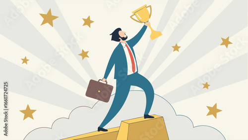 Successful Businessman Holding Trophy Celebrating Achievement.
