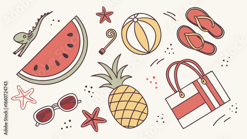Summer Vacation Themed Vector Illustration with Beach Elements.