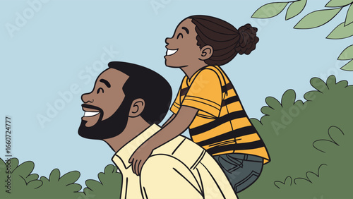 Father and Daughter Piggyback Ride Illustration in Nature.