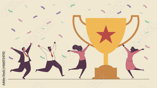 Team Celebrating Success with Trophy and Confetti Illustration.