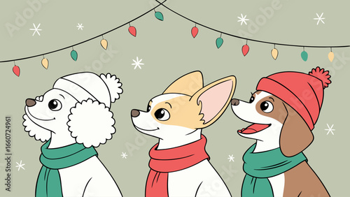 Three Cute Dogs in Winter Hats and Scarves Christmas Lights Background.