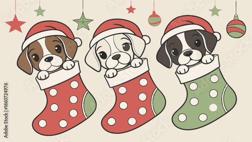 Three Cute Puppies in Christmas Stockings with Santa Hats Illustration.