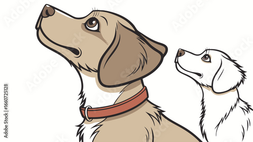 Two Adorable Dogs Looking Upward Tan and White Breeds.