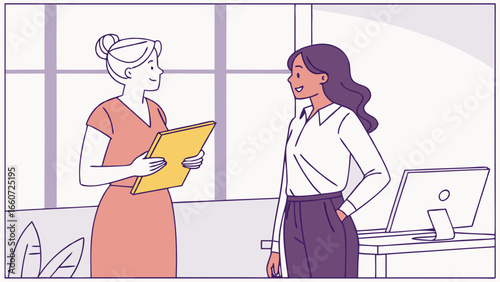 Two Businesswomen in Conversation Holding Documents.