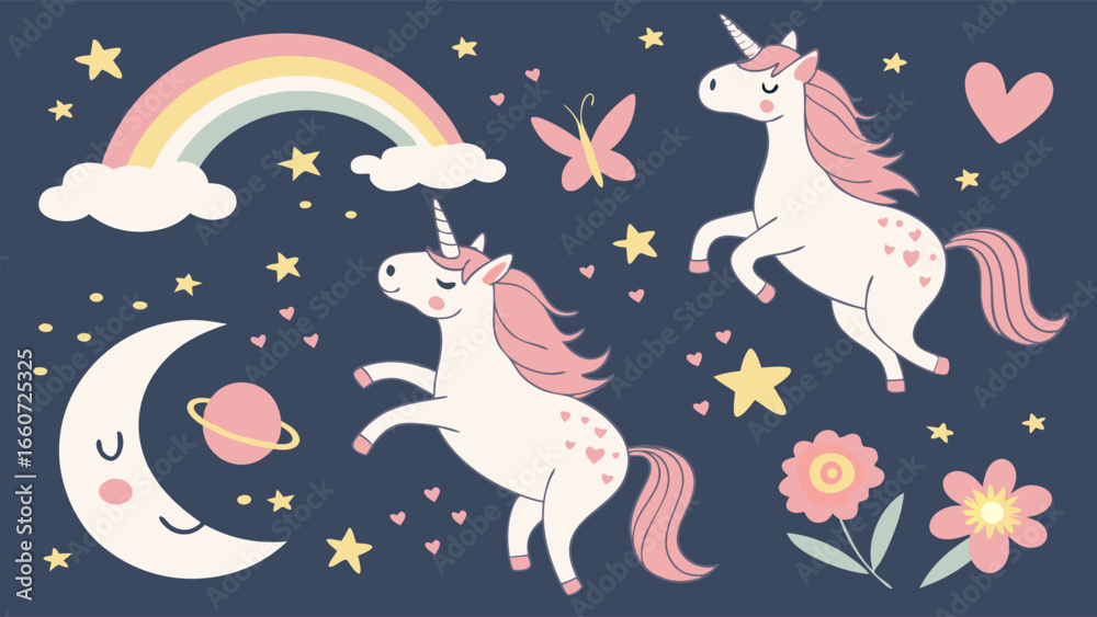 Obraz premium Whimsical Unicorns with Pink Mane and Hearts on a Starry Night.