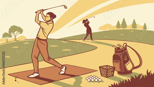 Golfer Swinging Club on Tee Box with Golf Bag and Balls.