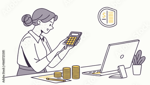 Woman Calculating Finances at Desk with Laptop and Coins.