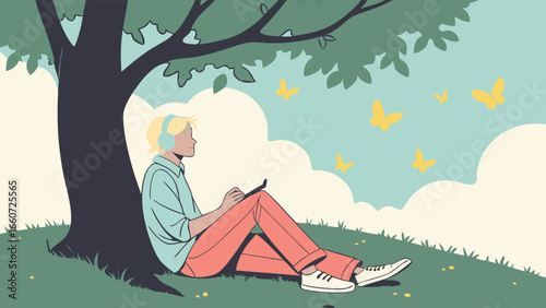 Young Person Relaxing Under Tree Listening Music.