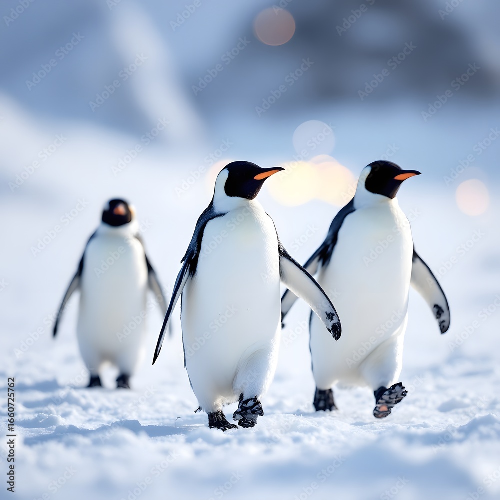Obraz premium Three gentoo penguins waddle across a snowy landscape on a bright day