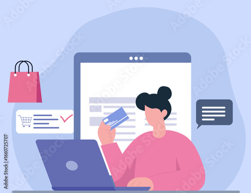 A woman makes a secure online payment with a credit card on her laptop. This flat vector illustration represents e-commerce and successful online retail