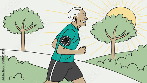 Happy Senior Man Jogging Outdoors with Fitness Tracker.