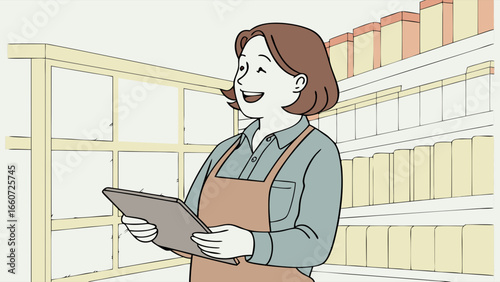 Happy Supermarket Employee Checking Inventory on Tablet.