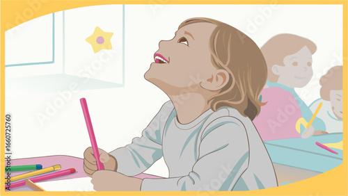 Happy Young Girl Drawing with Colored Pencils at School.