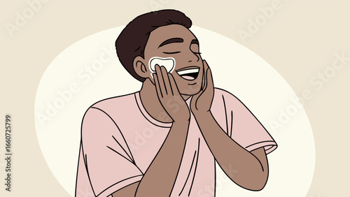 Happy young man applying facial cream skincare routine.