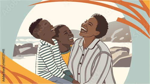 Joyful Black Mother and Two Sons Laughing Together.