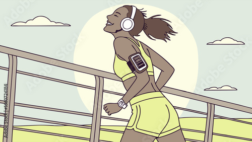Joyful Woman Jogging Outdoors with Headphones and Fitness Tracker.