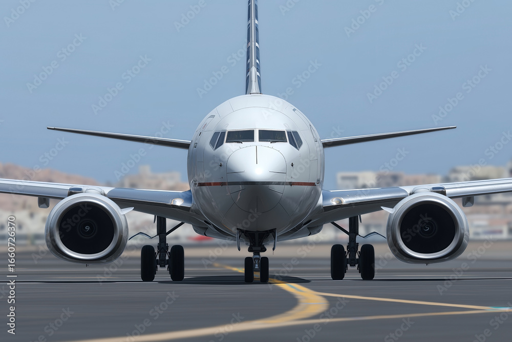 Obraz premium Front View Of Commercial Passenger Jet Airplane Positioned On Airport Taxiway Ready For Departure Flight