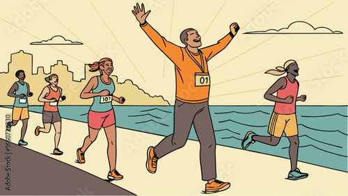 Marathon Runner Celebrates Victory with Arms Raised at Finish Line.