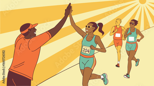 Marathon Runner HighFiving Coach with Teammates in the Background.