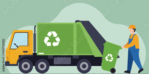 A flat vector illustration of a sanitation worker with a garbage truck collecting a recycling bin, symbolizing waste management and eco-friendly practices