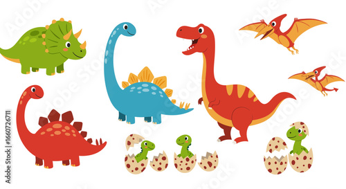 A delightful collection of adorable cartoon dinosaurs and their hatching eggs creating a vibrant prehistoric scene perfect for children's books and educational materials