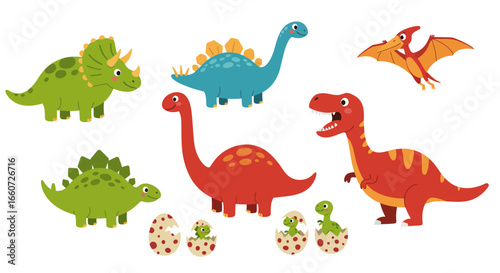 A Collection of Adorable Cartoon Dinosaurs Including Triceratops Brachiosaurus Stegosaurus Pterodactyls Hatching Eggs and Baby Dinosaurs in a Fun Playful Style