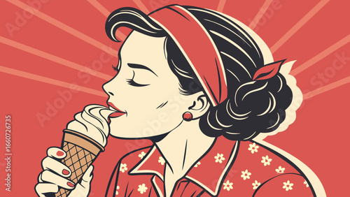 Retro Woman Enjoying Delicious Ice Cream Cone.