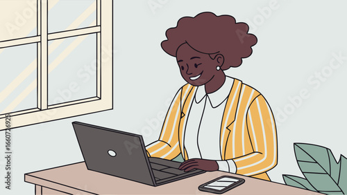 Smiling Black Woman Working on Laptop in Office.