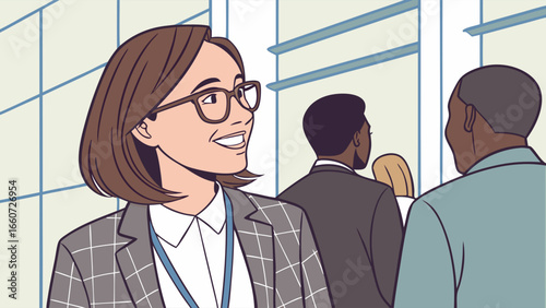 Smiling Businesswoman in Gray Plaid Blazer and Glasses.